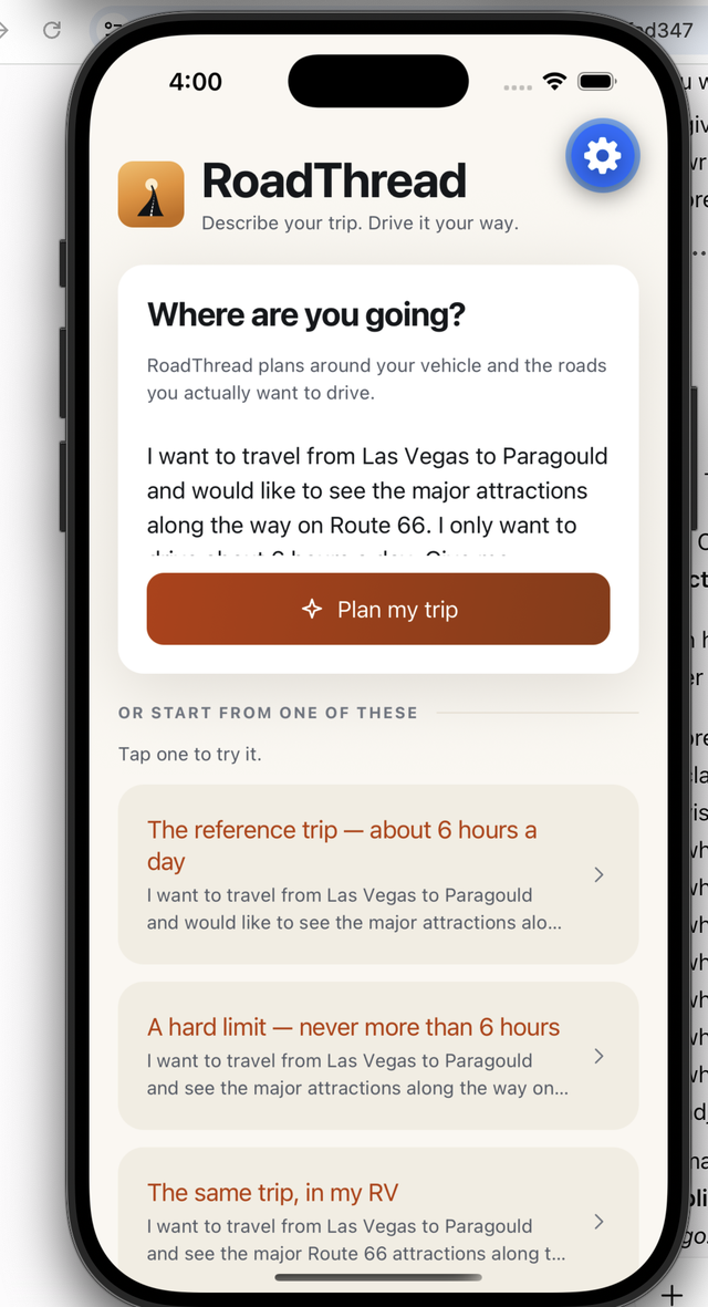 RoadThread app interface